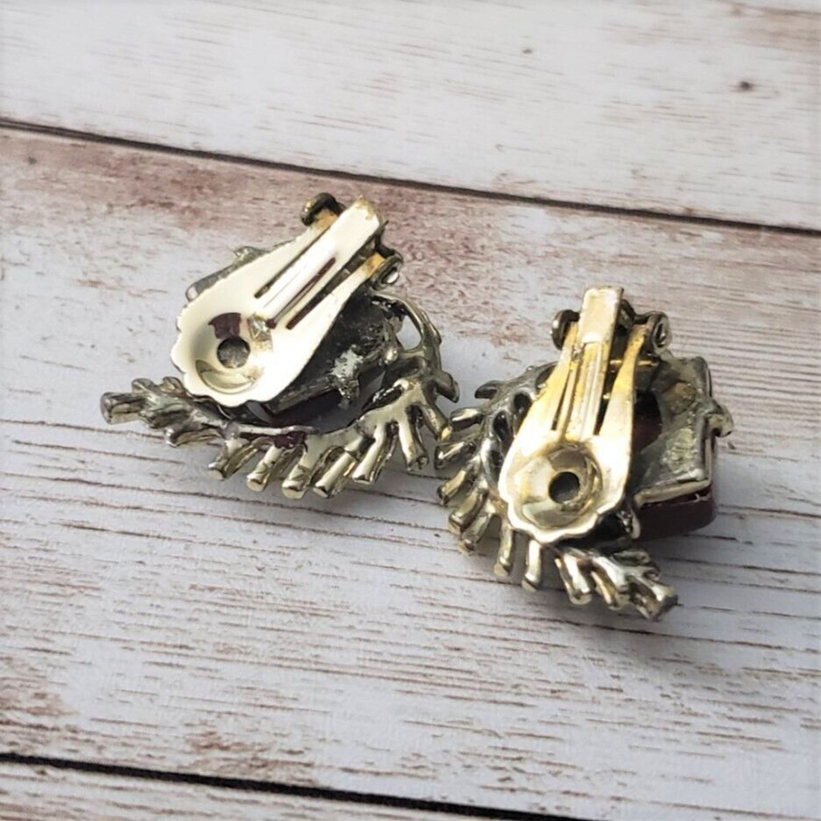 Vintage Clip On Earrings Brown Square with Gold Tone Leaf Details