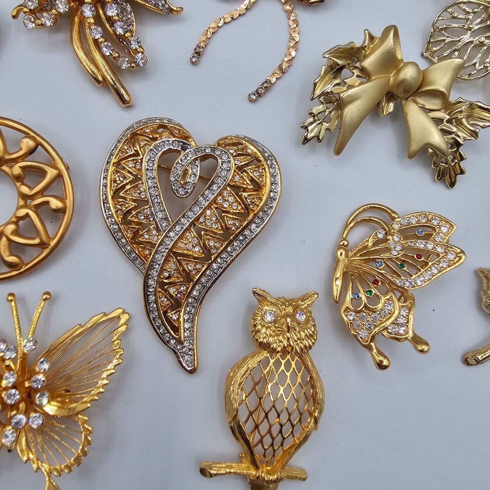 Vtg Gold Tone Brooch Lot Rhinestone Butterfly Floral Some Signed Avon Monet 20pc