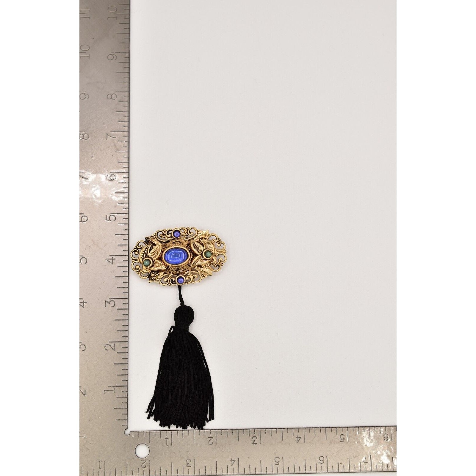 Vintage Cabochon Tassel Pin Brooch Lightweight Antiqued Gold Blue Black BinBG