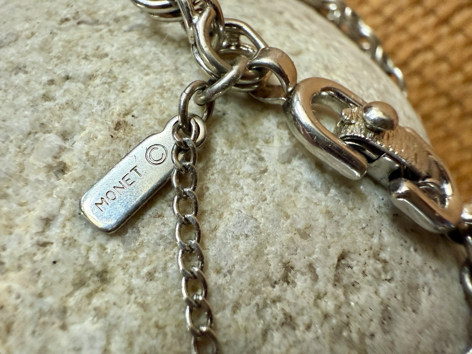 VTG MONET Starter Charm Bracelet Silver Tone Double Link 7 3/4 Inch Safety Chain
