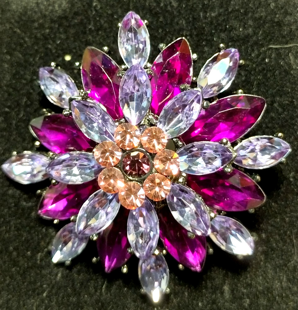 Multicolor Pinks & Purples Rhinestone & Crystals Brooch * Silver Tone Back