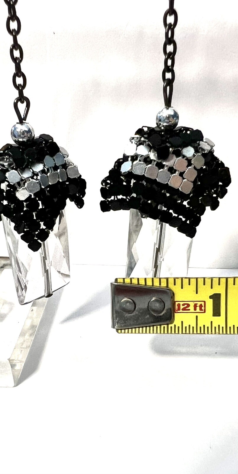 Vintage Retro Dangle Black And Silver Tone Metal Chain And Crystal Hook Earrings