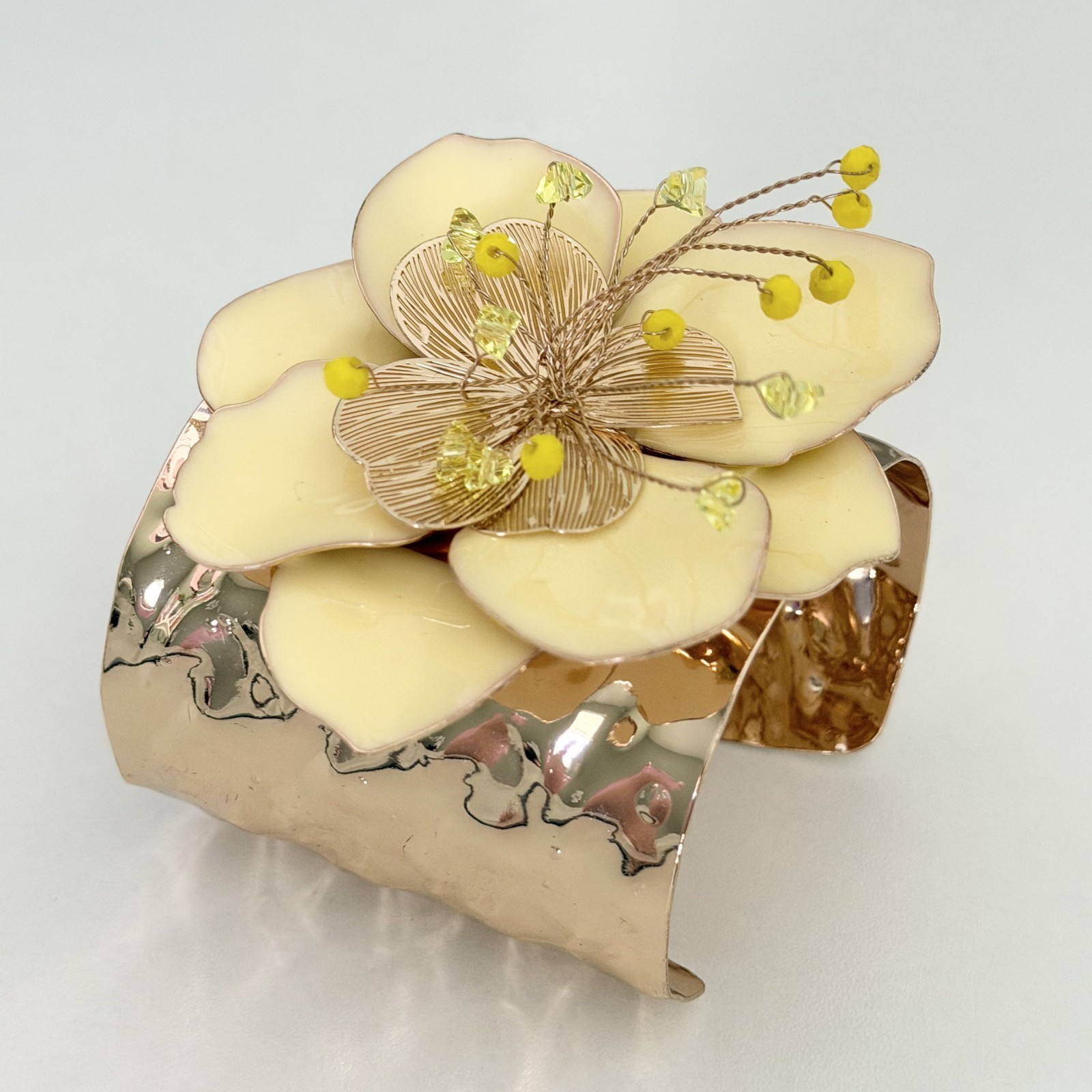 Ladies Huge Flower Statement Cuff Bracelet Yellow Enamel Glass Beaded Gold Tone