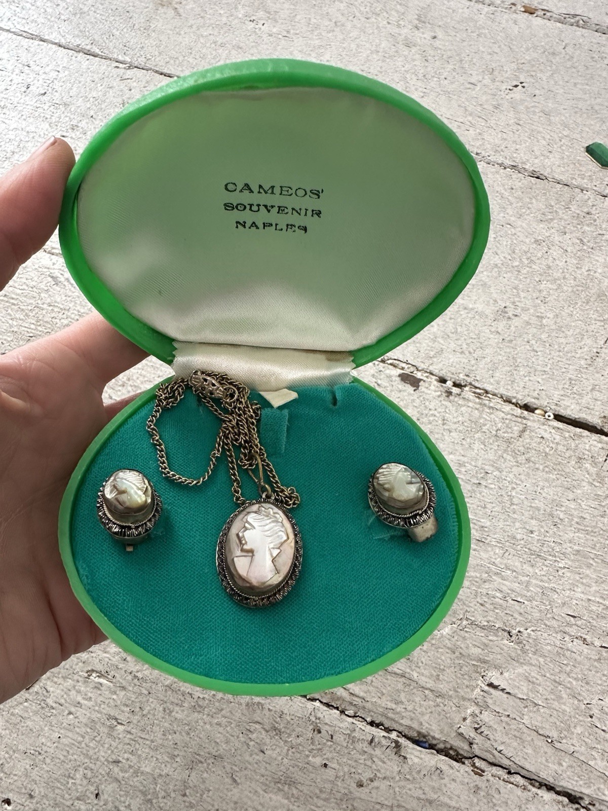 Art Deco 800 European Silver Hand Carved Left Right Cameo And Necklace Box Set