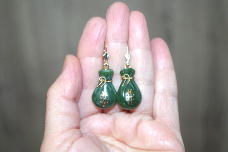 14K Exquisite Carved Jade bag of money Lucky Stone Lever back Earrings
