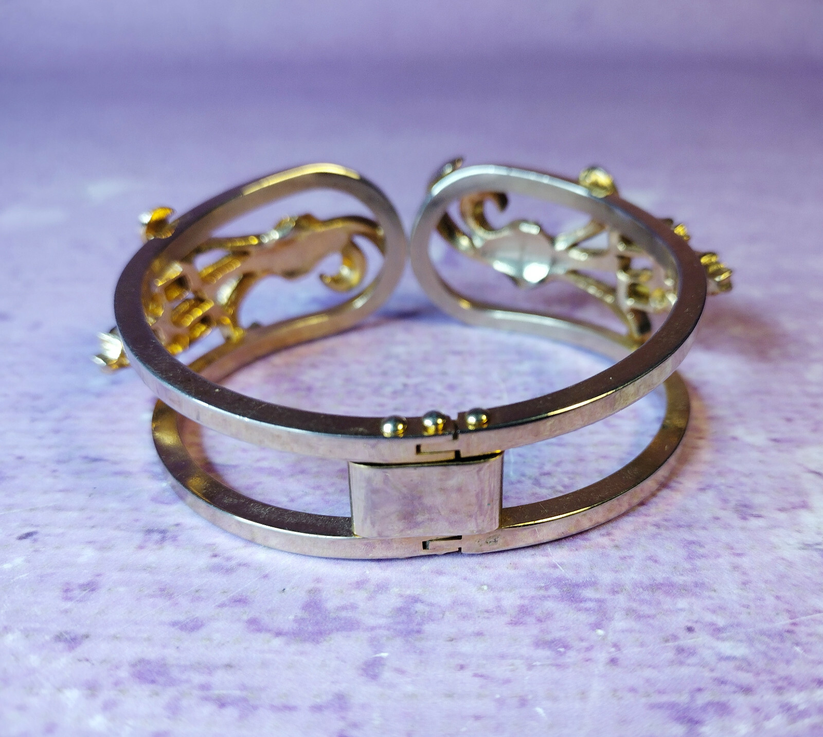 Cuff Bracelet Hinged Cut Out Red Clear Faceted Rhinestones Gold Tone Vintage