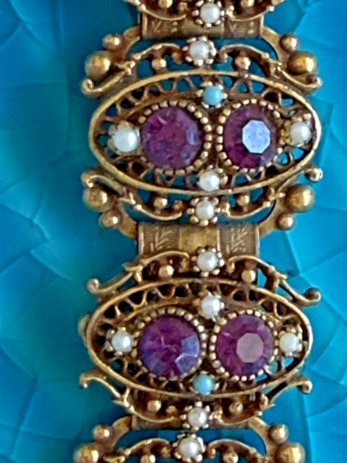 Fab Vintage Victorian Revival Cast Gold Wash Bracelet purple turquoise pearl