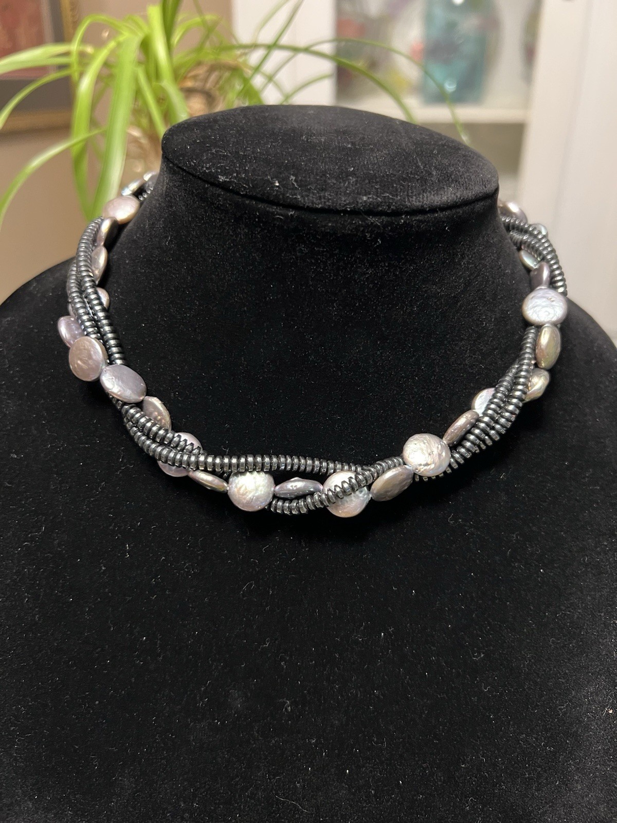 VINTAGE ESTATE STERLING 925 3 STRAND GENUINE COIN PEARL HEMATITE NECKLACE 17-18