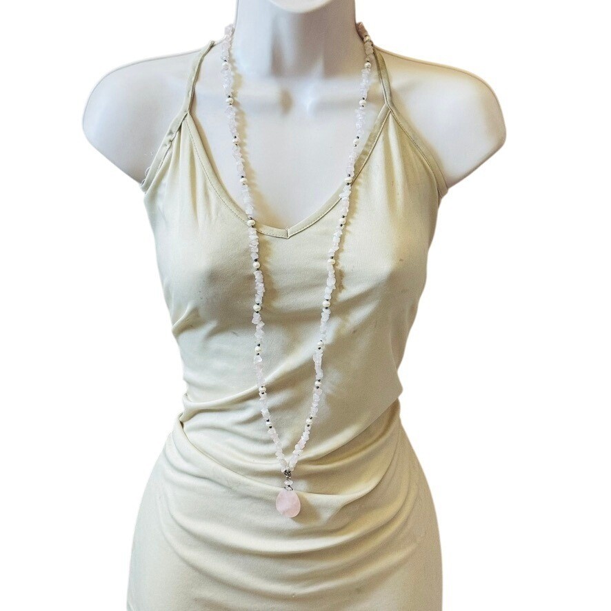 VTG Rose Quartz pink Beaded Necklace natural genuine stone pearl beads rare 40″