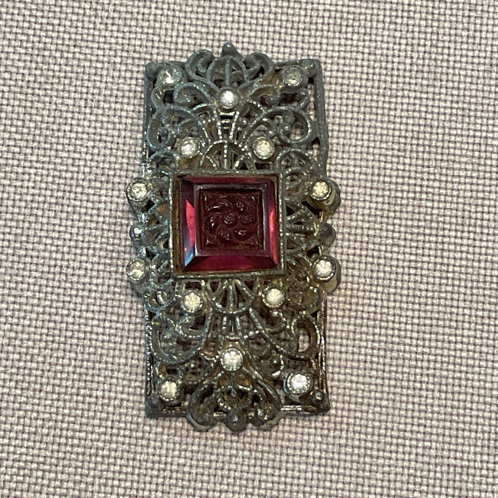 Vintage Brooch Pin Original 1930s 40 Filligree Silver Tone Intaglio Stone Flower