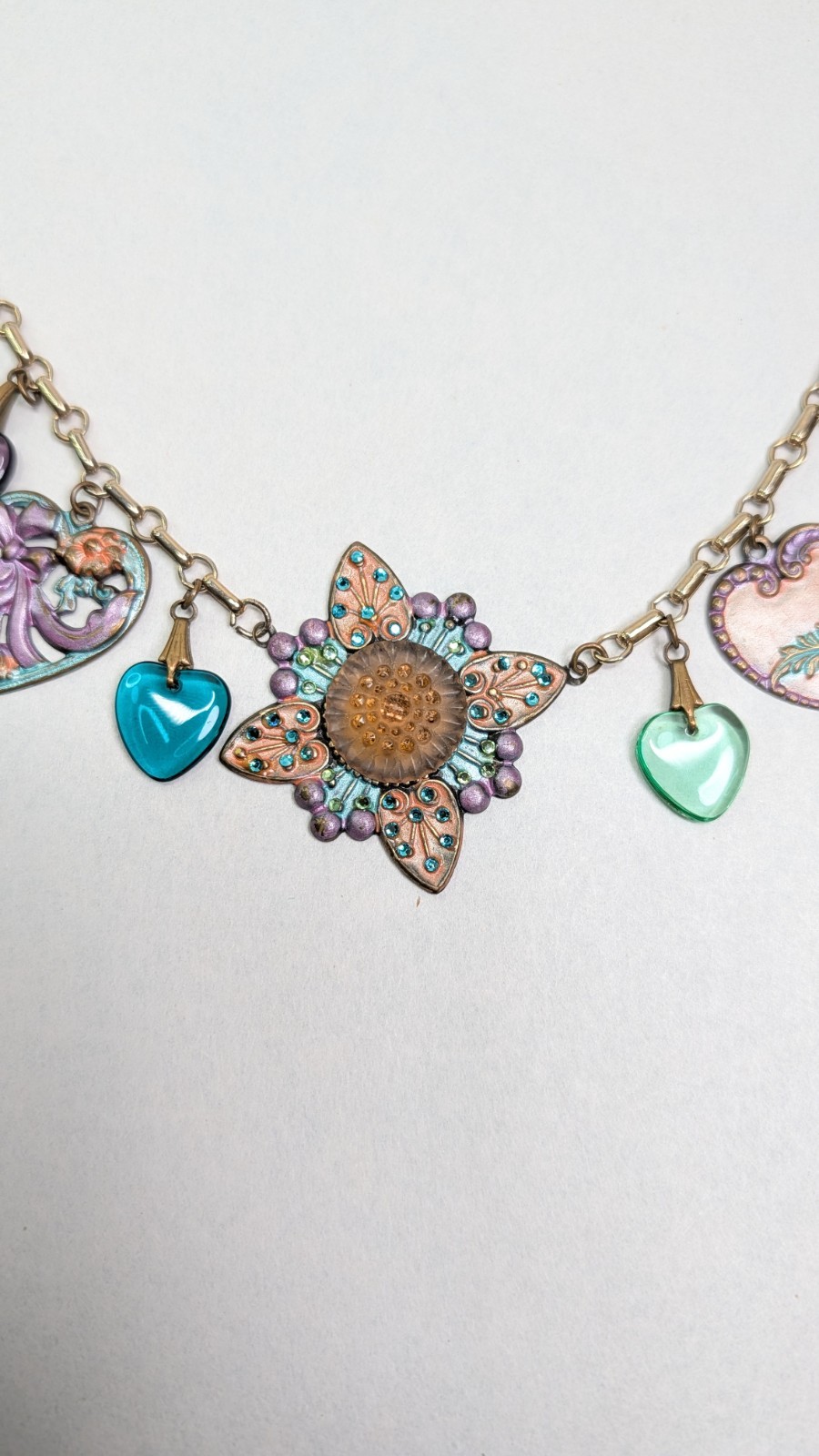 Vintage Glass Works Studio Heart Charms Multicolor Hearts Theme Necklace 30 In