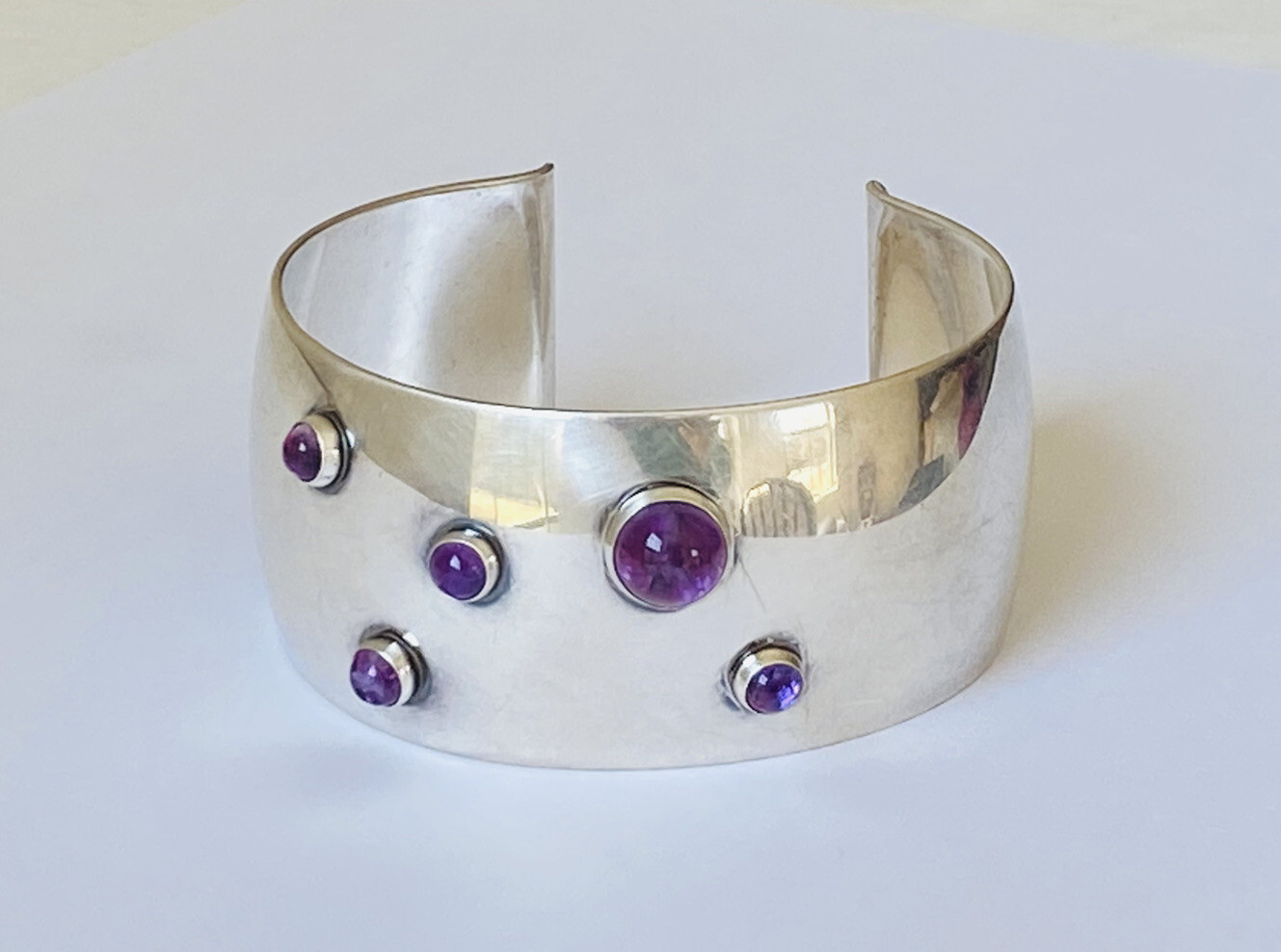 Heavy Vintage N E FROM Denmark Sterling Silver Amethyst Modernist Cuff Bracelet