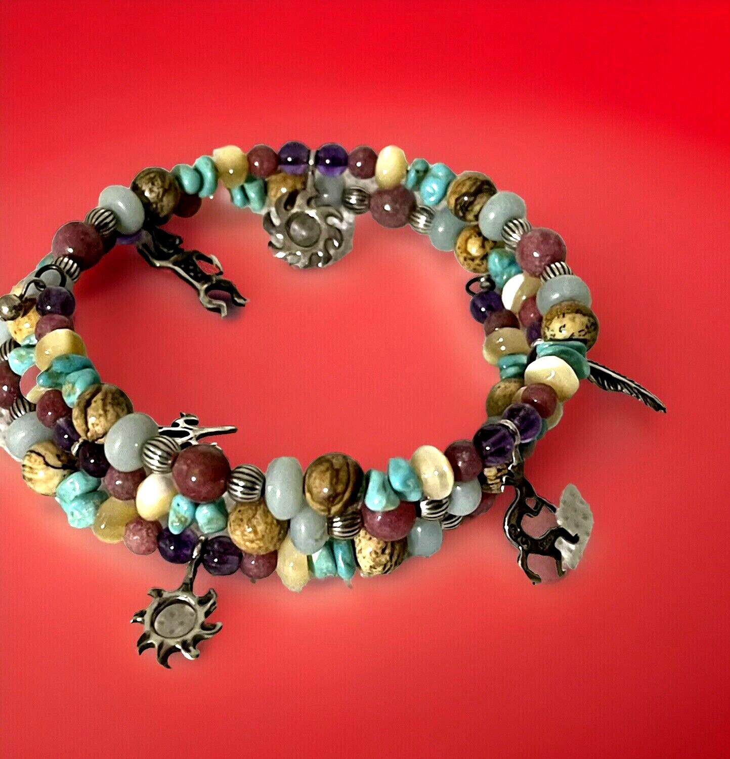 Vtg South Western Genuine Stone Bead Bracelet 6 Sterling Silver Indian Charms