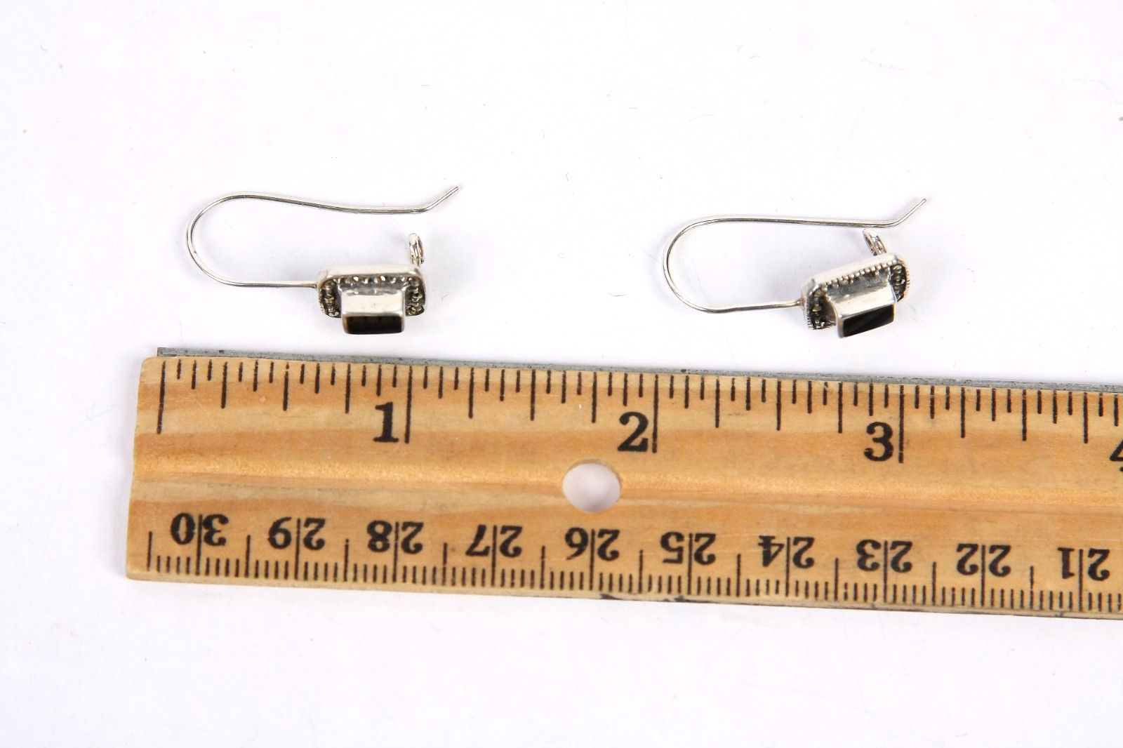 Vtg CW Black Onyx & Marcasite Sterling Silver Drop Hook Rectangle Earrings 3.3g