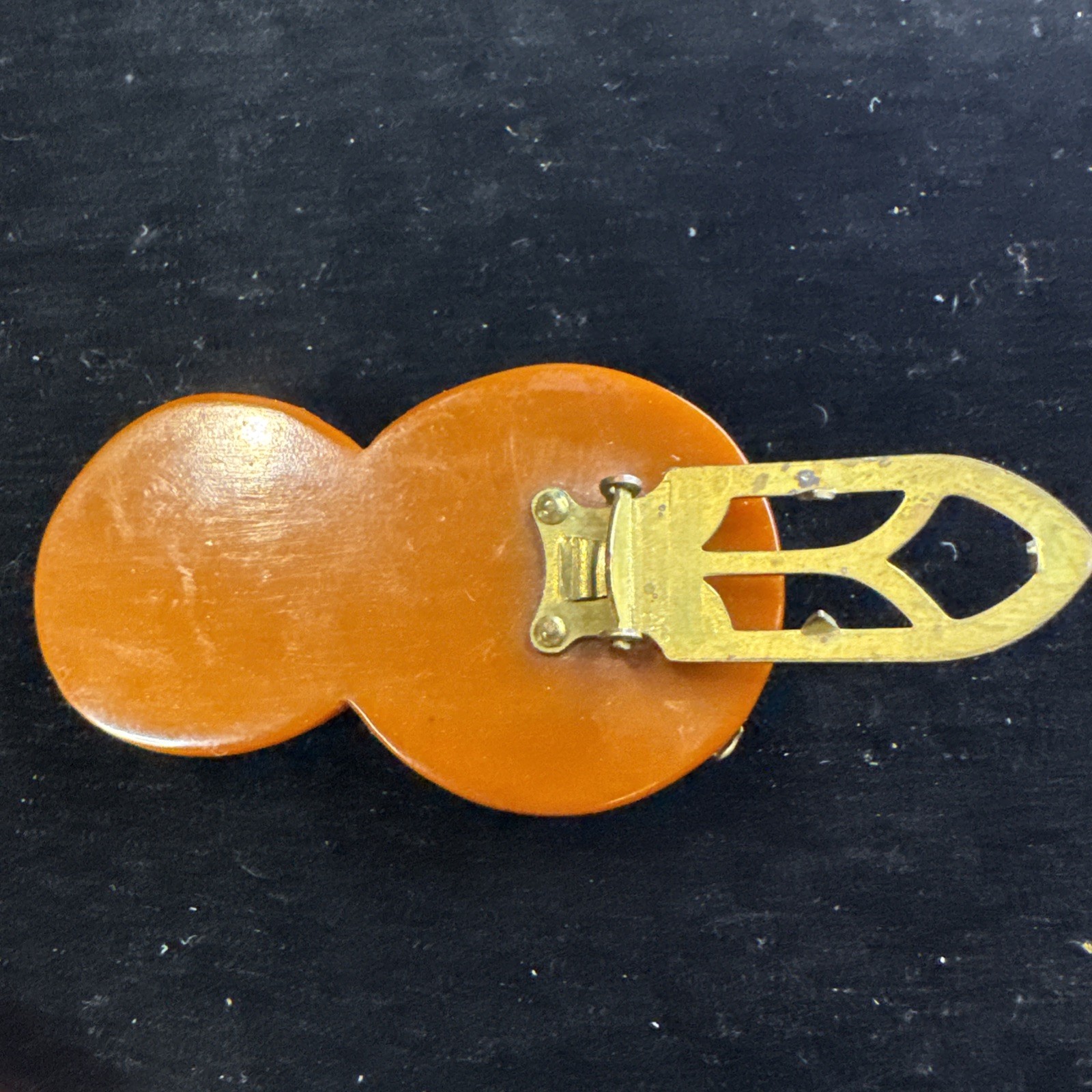 Vintage Art Deco Carved Bakelite Brown w/ Brass Leaf Dress Clip