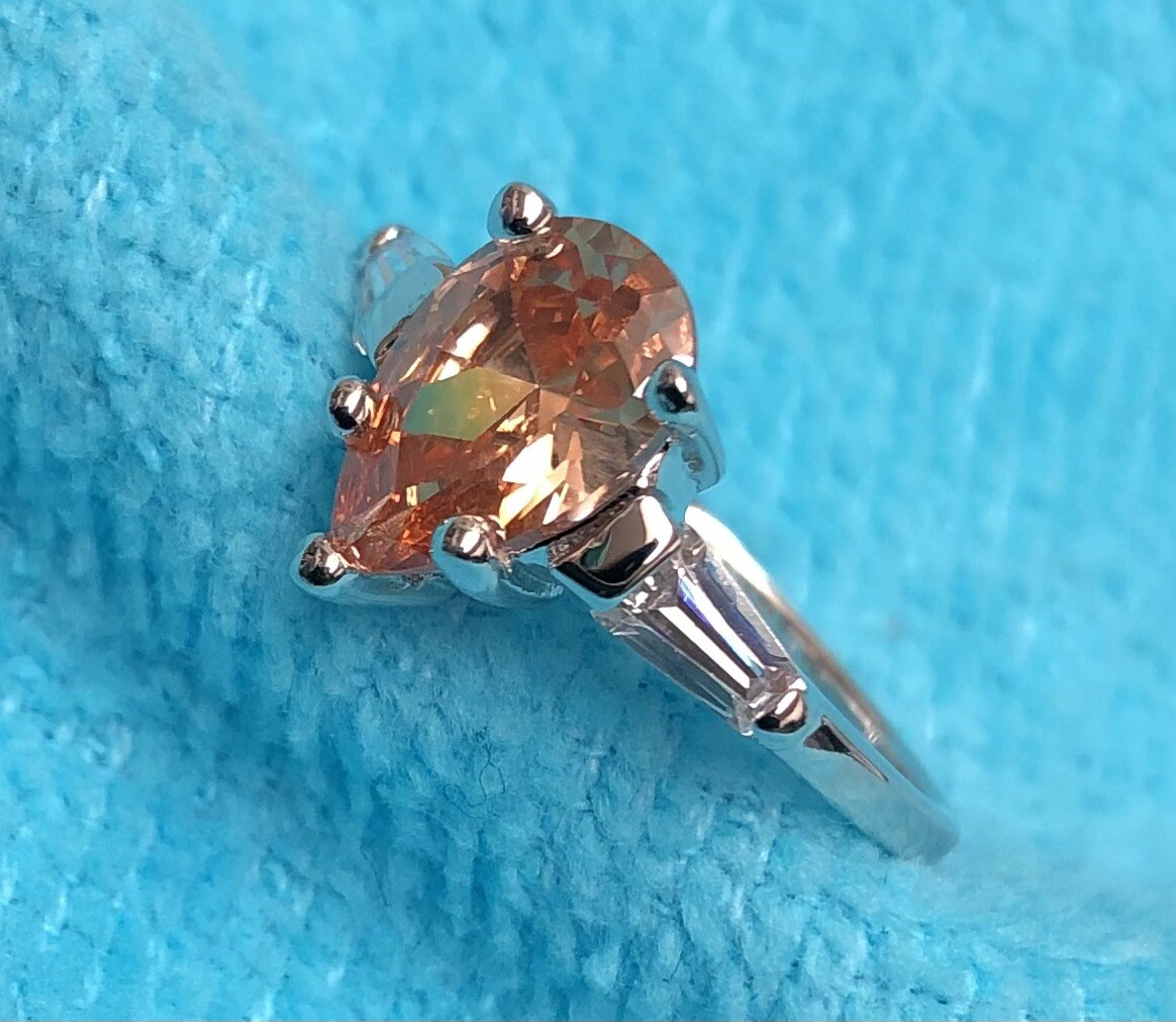 Sterling Silver – Amber Citrine Color Pear Shape Cubic Zirconia Shiny Band Ring