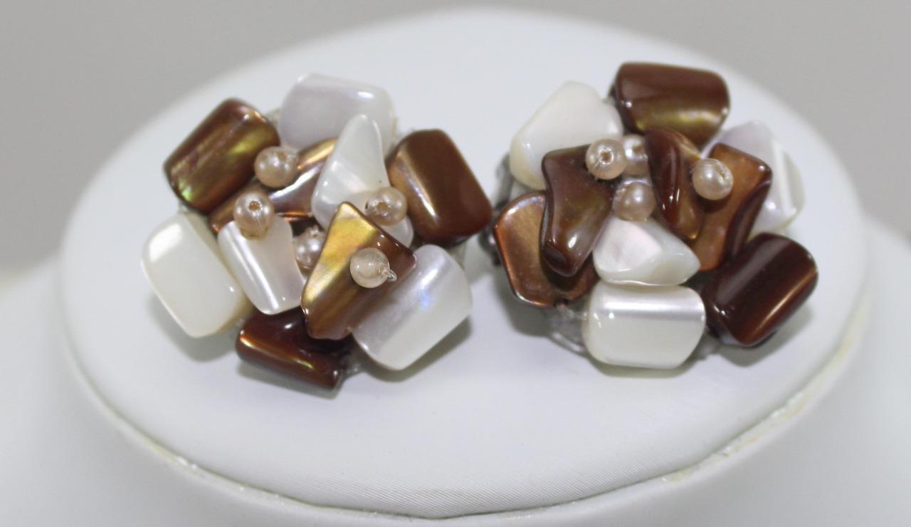 Vintage Brown & White Stone Necklace & Clip On Earring Set w/Faux Pearls ~ Japan