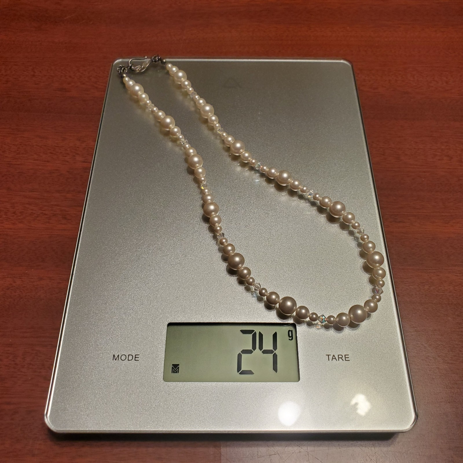 VTG 925 Faux Pearl Bicone Crystal Necklace 18in Sterling Silver 24gtw Estate