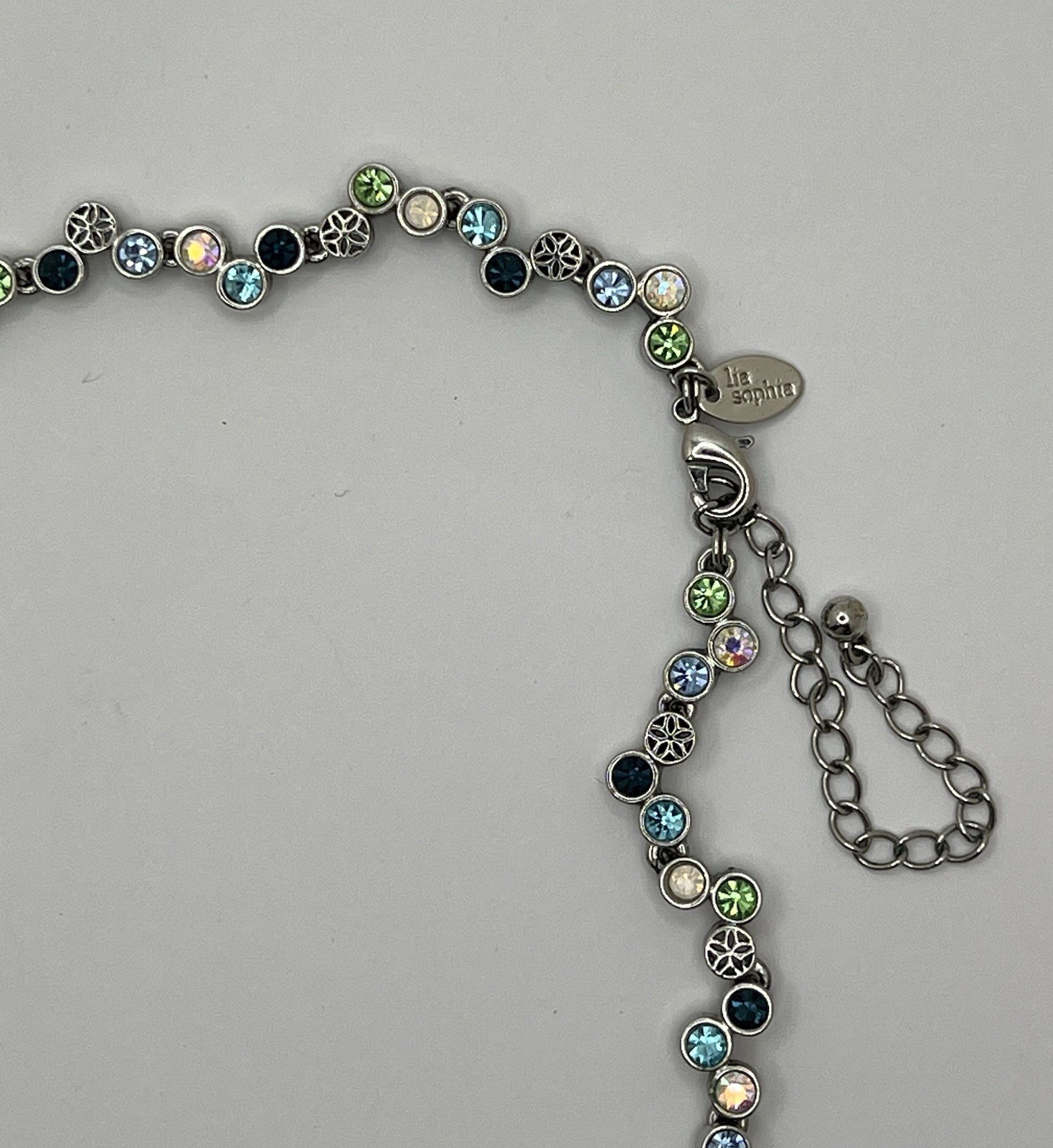 Lia Sophia “Happy Hour” Retired Necklace w/Crystals In Blues, Green & AB Colors