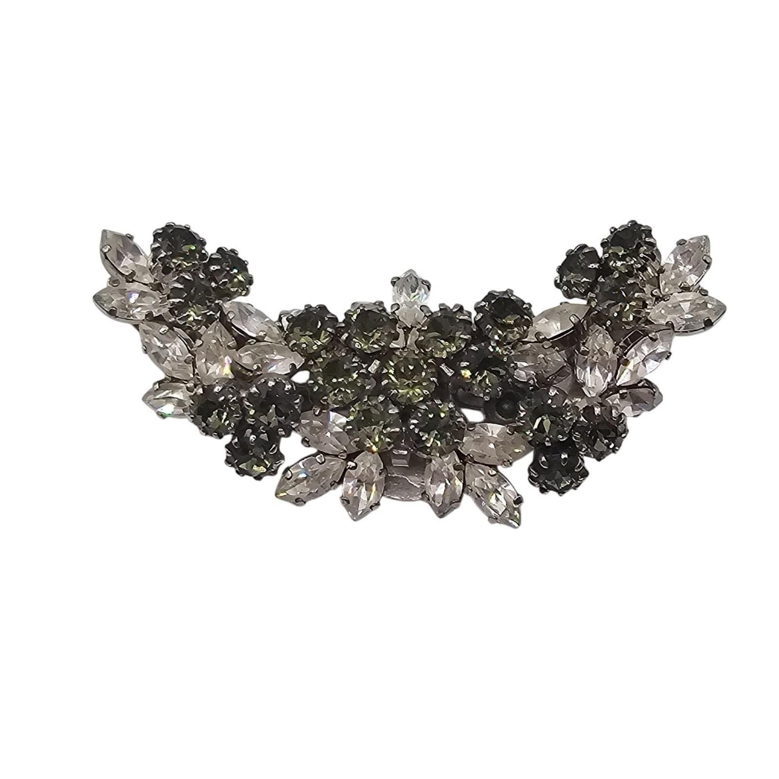 Vtg Schoffel & Co. Austrian Crystal Statement Brooch Green Gray Pin Floral Pin