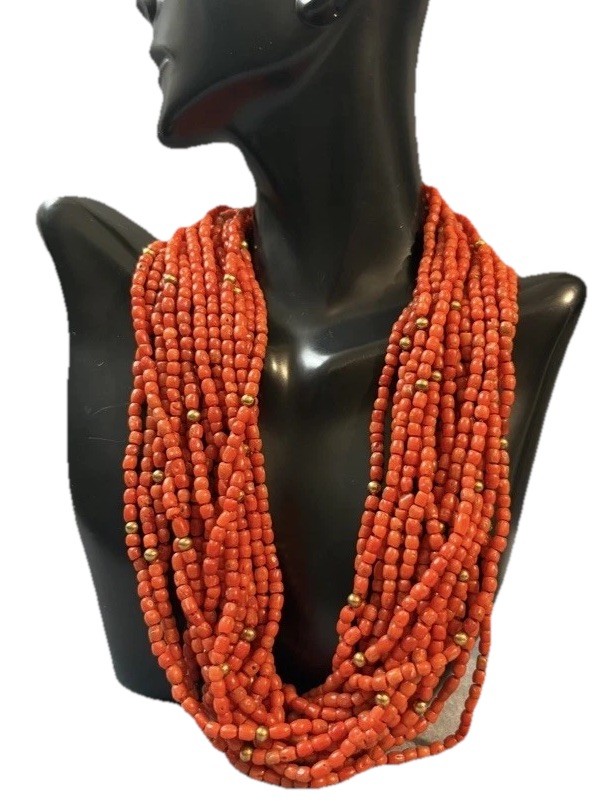Vintage 18k Gold Multi Strand Coral Necklace Statement Chunky European 17”