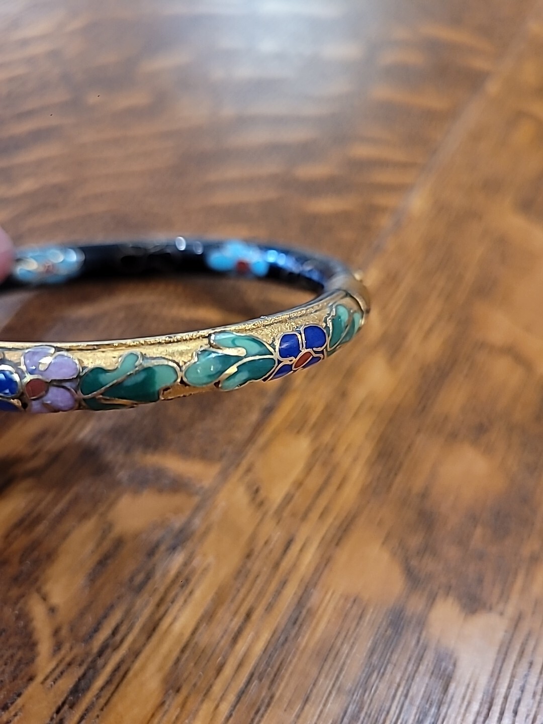 Vintage Chinese Gold Cloisonne Enamel Flowers Opening Hinged Bangle Bracelet