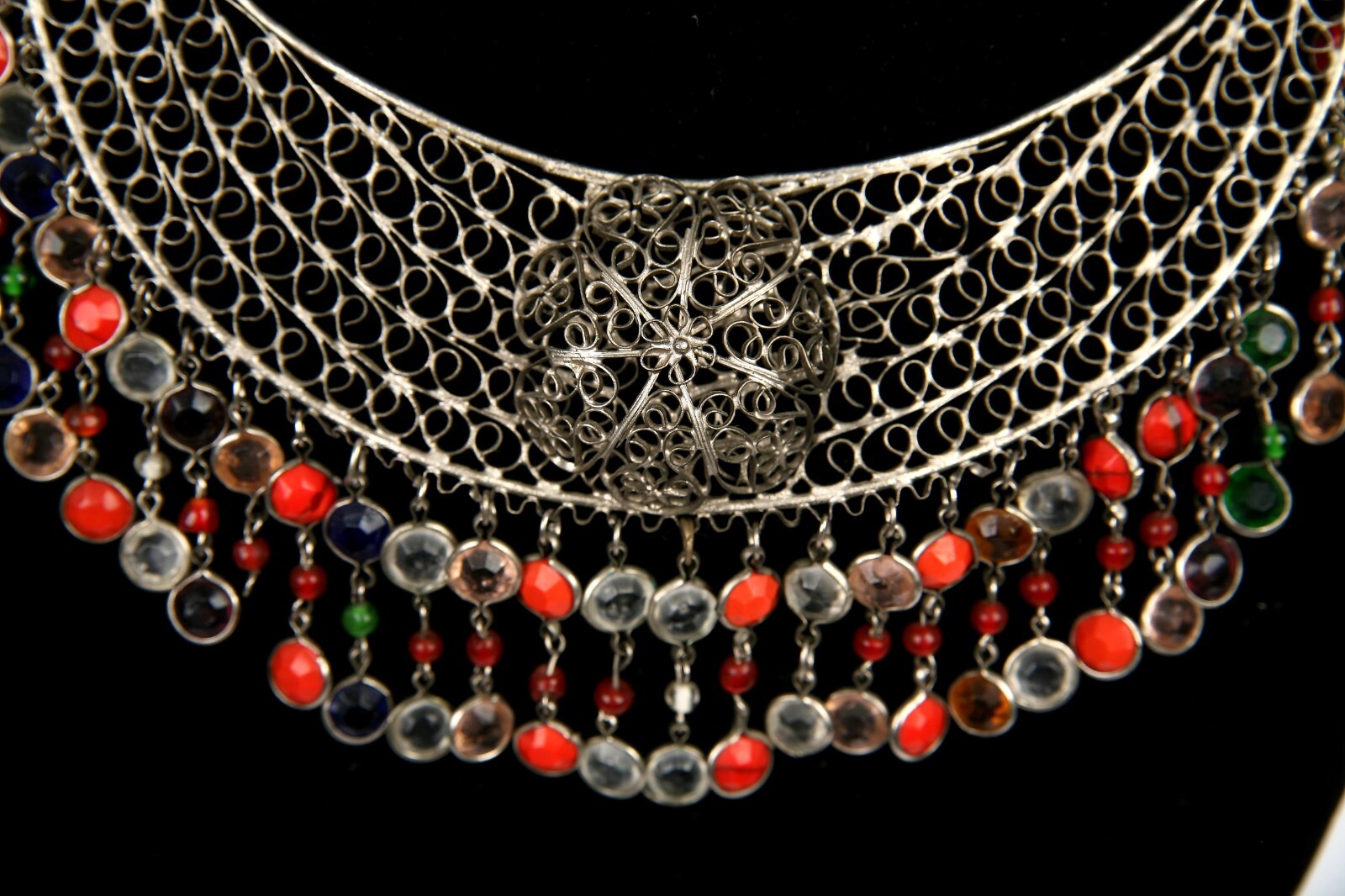 Vintage Bib Collar Choker Necklace Beaded Fringe Artisan Hand Made Mesh Filigree