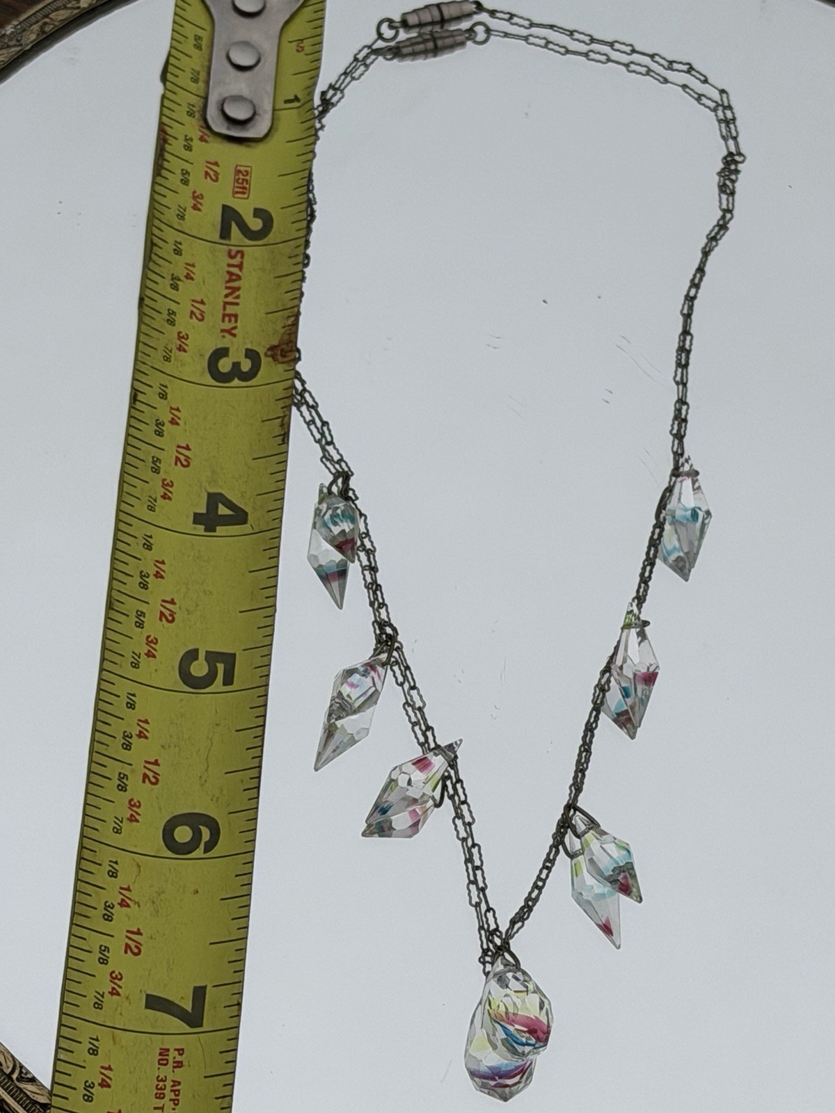 Antique Art Deco Czech Iris Crystal Rainbow Bicone Dangle 17.5″ Necklace