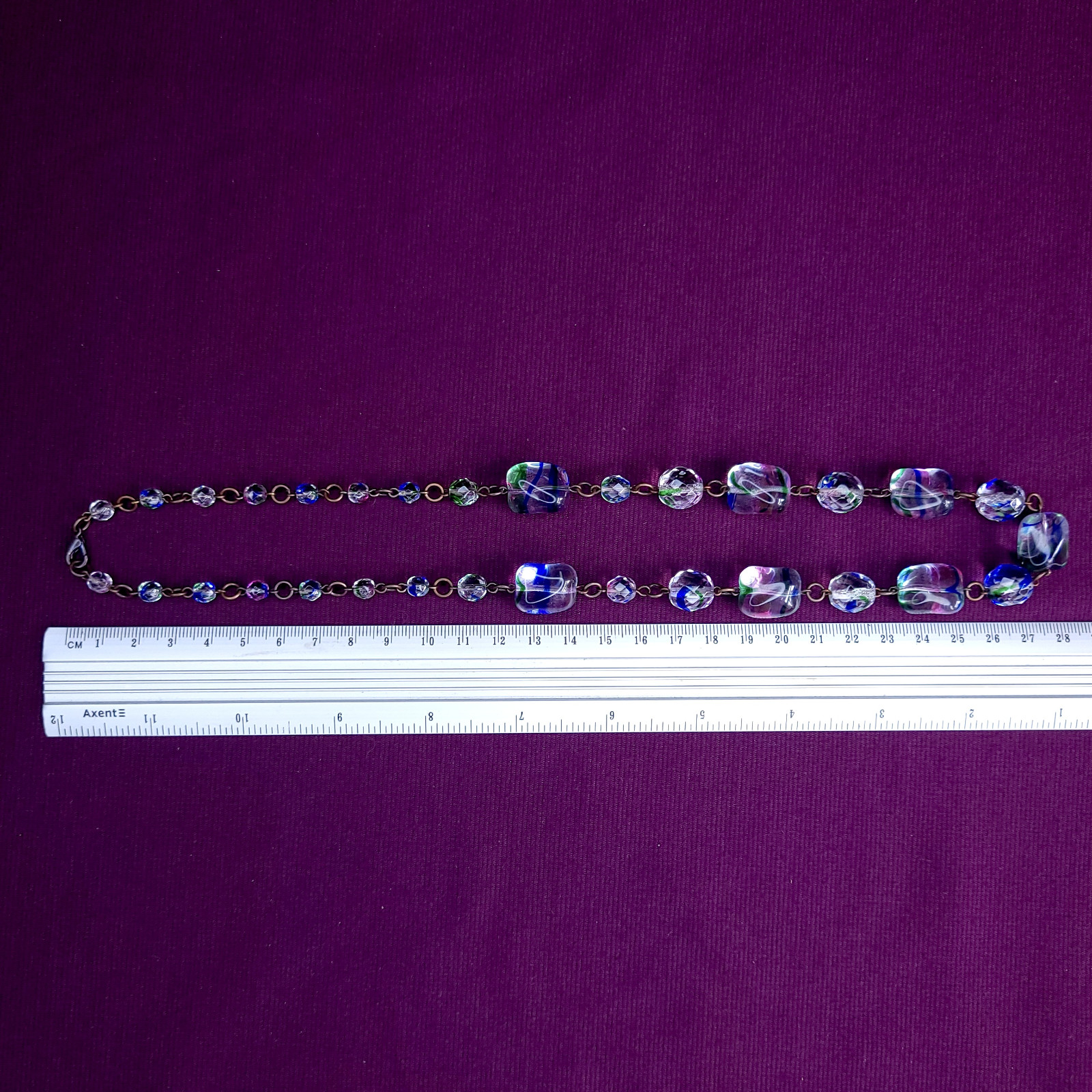 Art Deco Style Iris Glass Necklace 22inch Multicolor Glass Czech Old Beads
