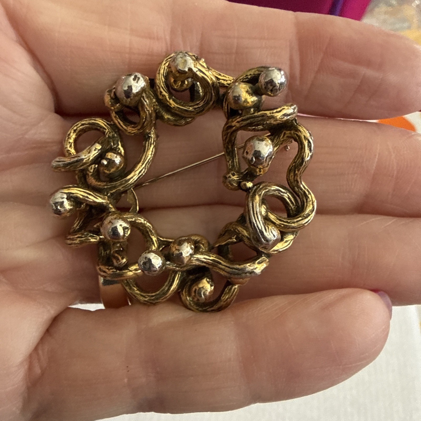 Zentall Brooch Pendant Brutalist Gold and Silver Tone Vintage 1.5 inches