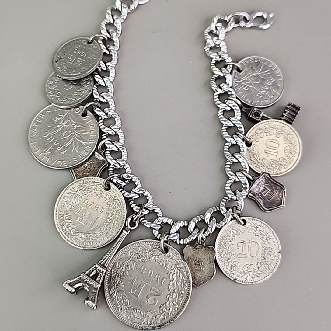 Vintage Coin Charm Bracelet Sterling Silver Plated Souvenir England France Franc