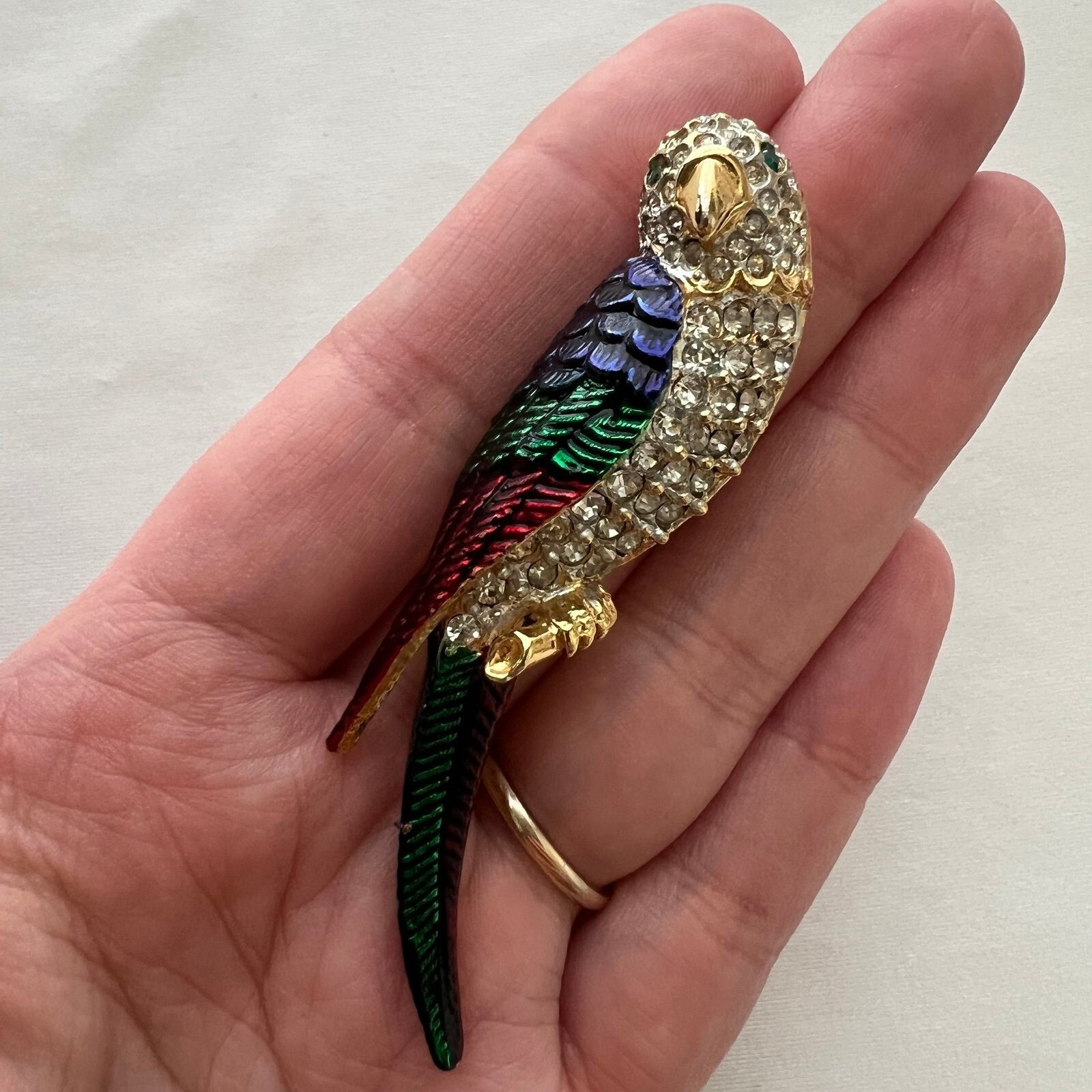 Vintage Pave Rhinestone Parrot Brooch Pin Guilloche Enamel Colorful Macaw Bird