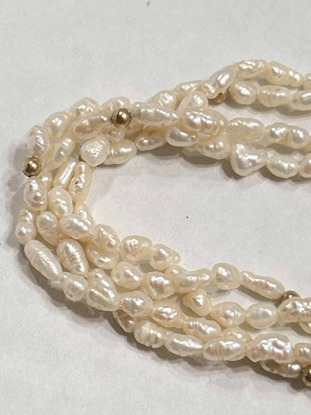 Long 56” Opera Length Necklace Rice Pearls & Gold Plated Beads, 2 Strand Twisted