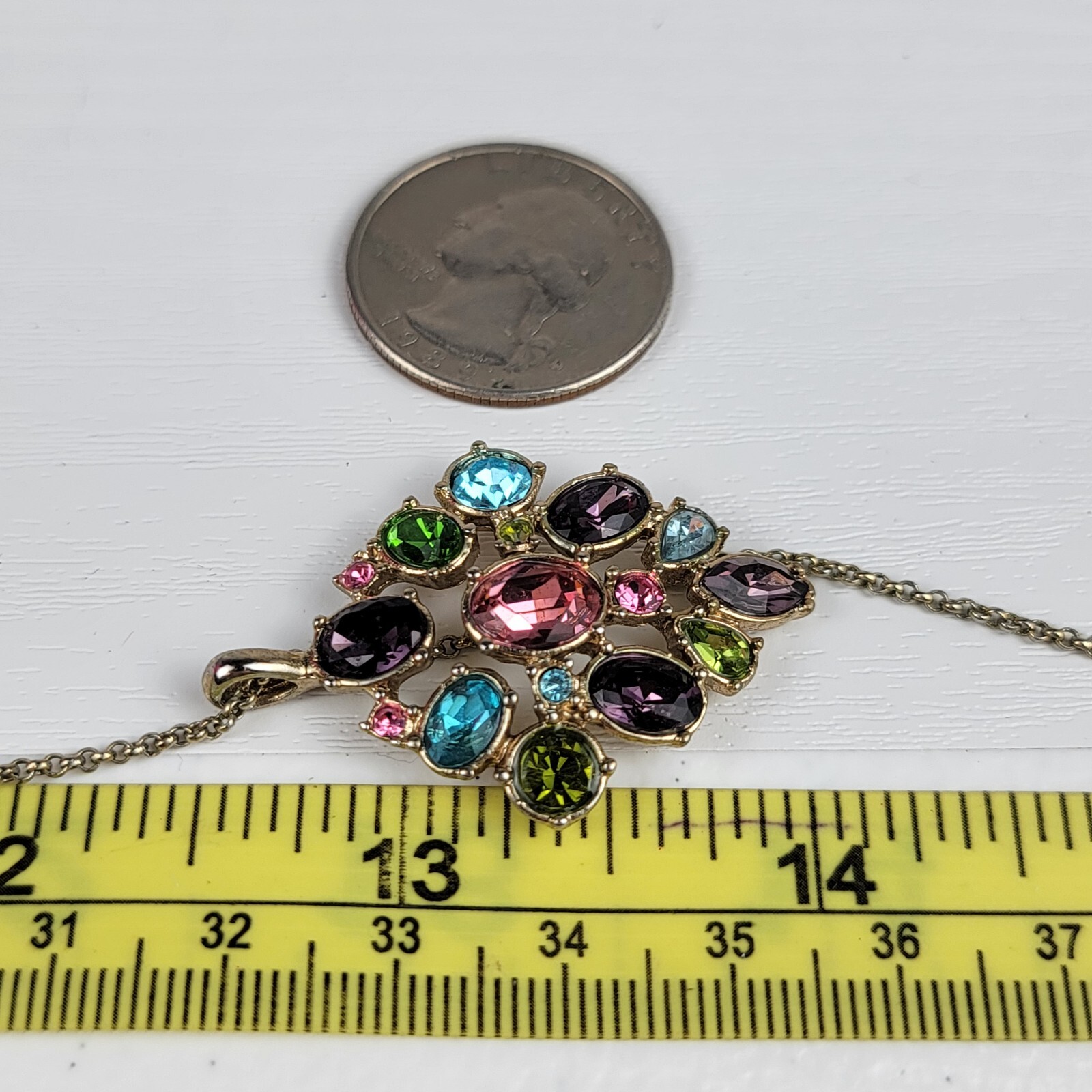 Vintage AVON NRT Multicolor Rhinestone Pendant Necklace 19 Inch Lobster Clasp