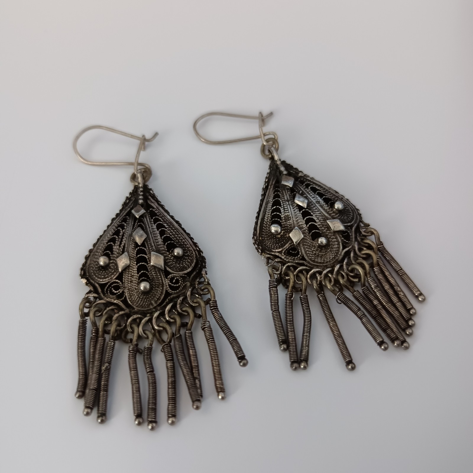 VTG Stanetzky Earrings Israel Sterling Silver Filigree Yemenite Chandelier Boho