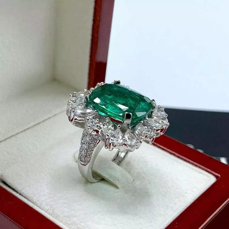 Cluster Design Cushion Cut Green Emerald With Multi Shape CZ 14.03TCW Women Ring