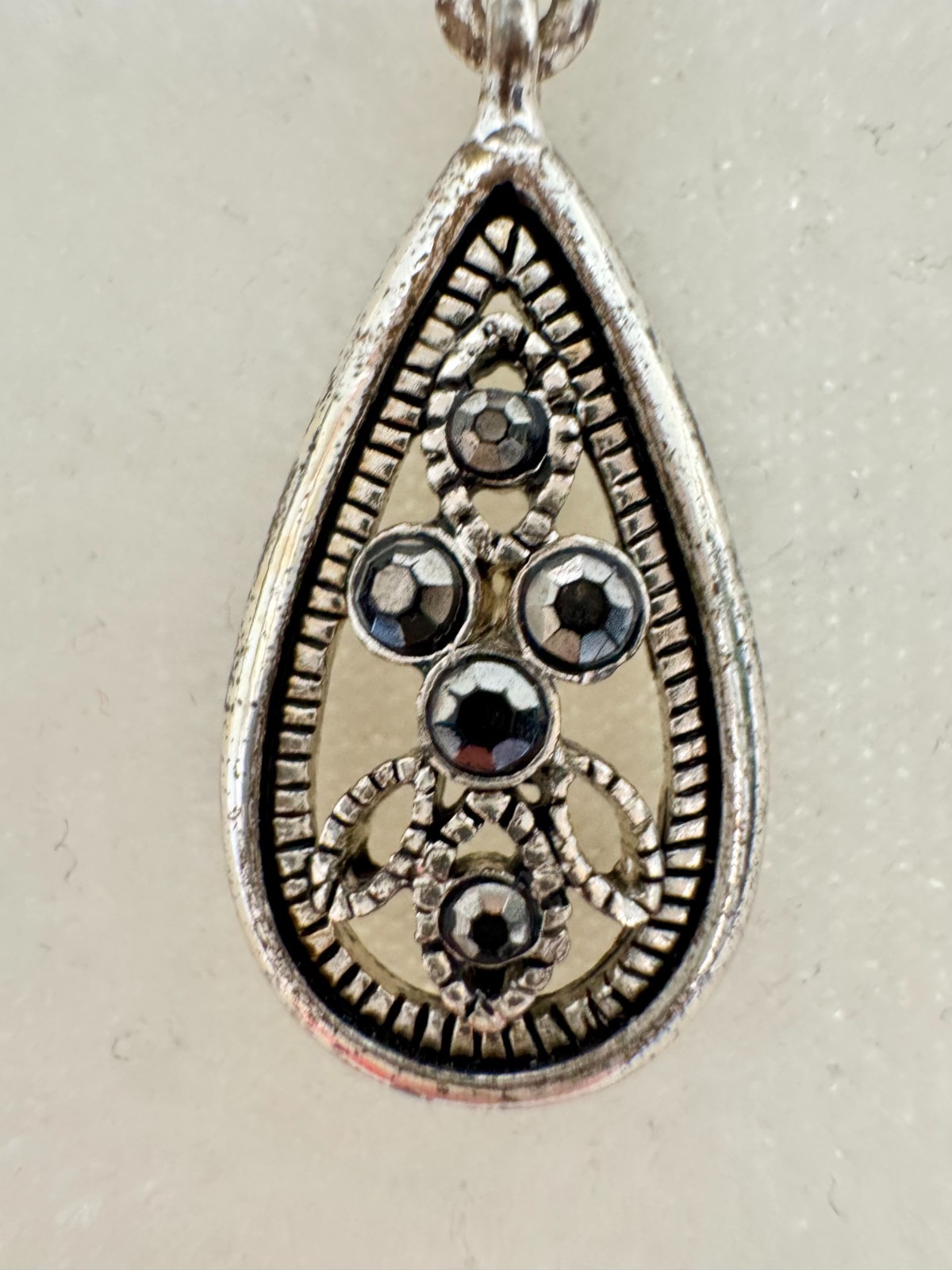 Vintage Crown Trifari Y Necklace, Faux Marcasite Teardrop Drop Pendant