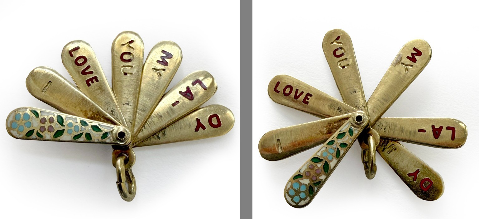 Rare 1930s 14K Gold Enamel Fan Charm Opens Secret Love Message Art Deco
