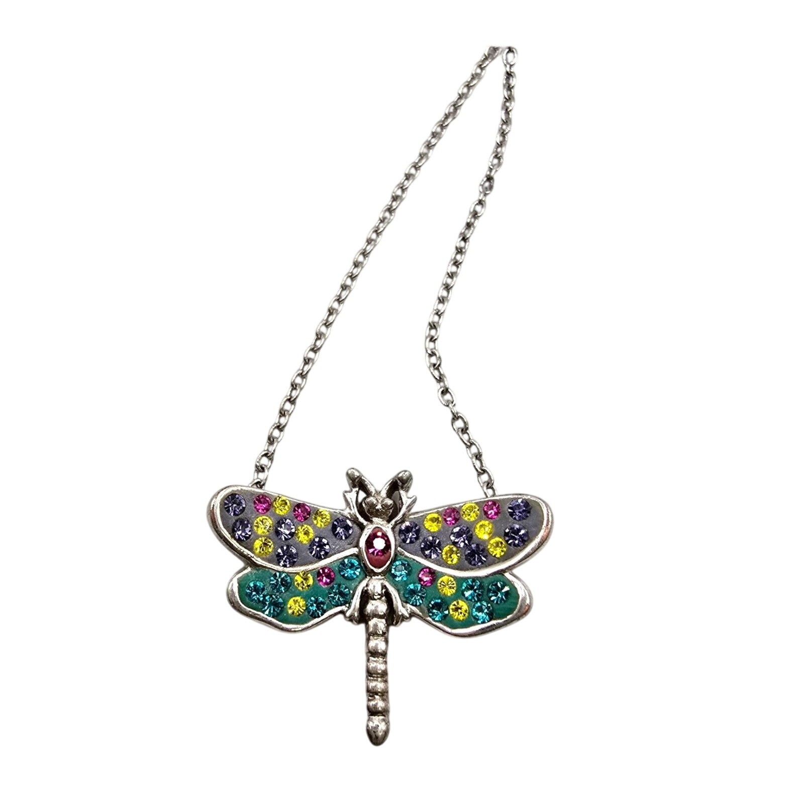 Necklace Small Dragonfly Pendant Multicolor Rhinestones Silver Tone 16″ SKU 2241
