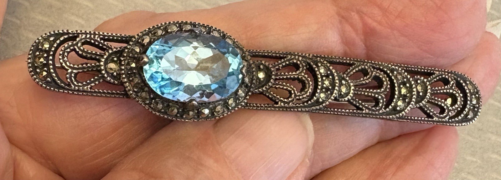 Judith Jack Sterling Silver Blue Topaz Marcasite Brooch Art Deco Revival Bar Pin