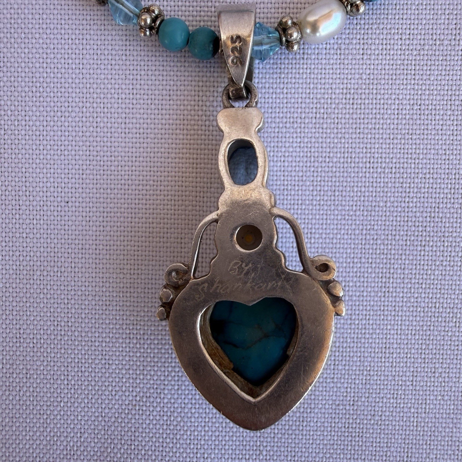 Vintage Signed By Shankari Silver 925 Necklace With Pearl And Aquamarine Stone