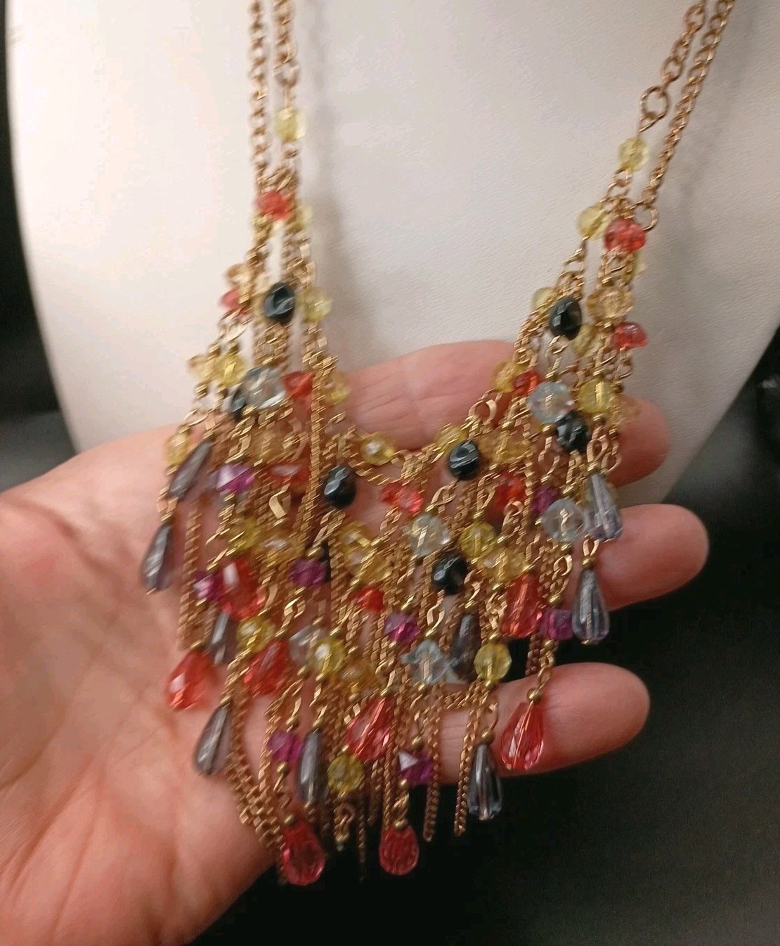 Vintage Beaded Tassel Necklace Bib Fringe Brass Gold Tone Multicolor 21″ READ