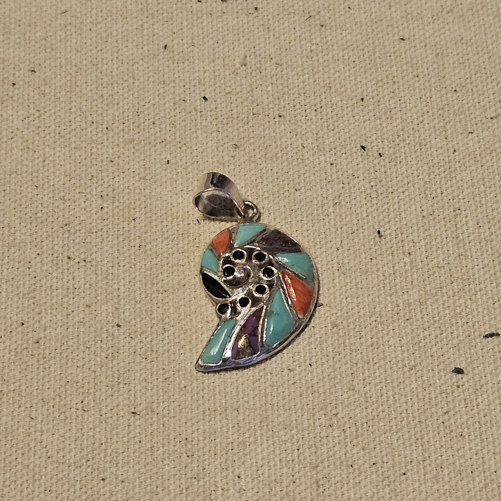 Sterling inlay she’ll pendant w turquoise, coral and purple mohave.