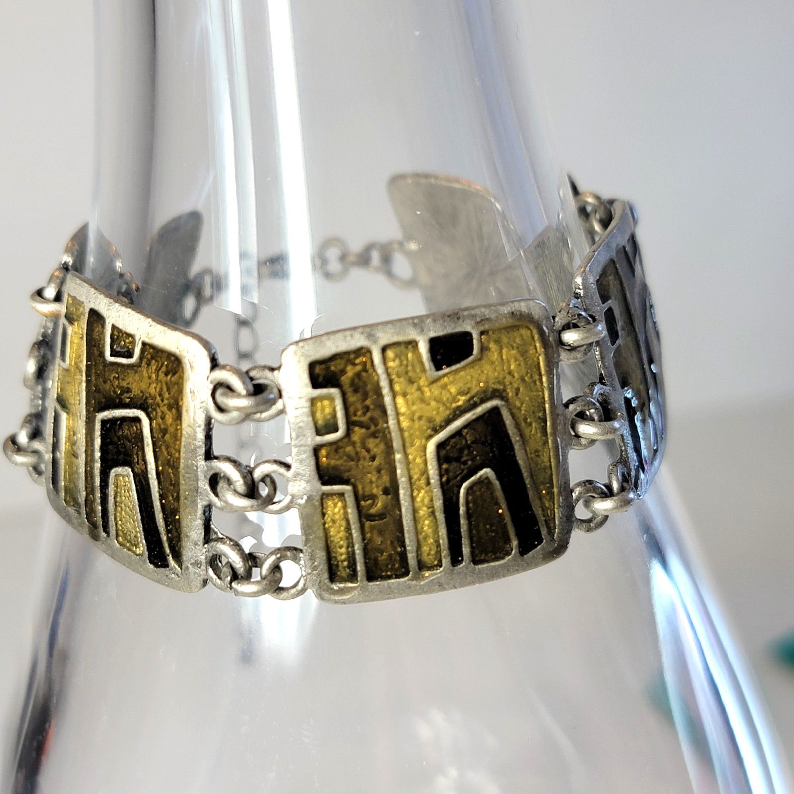 Vintage Modernist Silver Tone Link Y2K Bracelet Olivine Enamel Articulated Panel