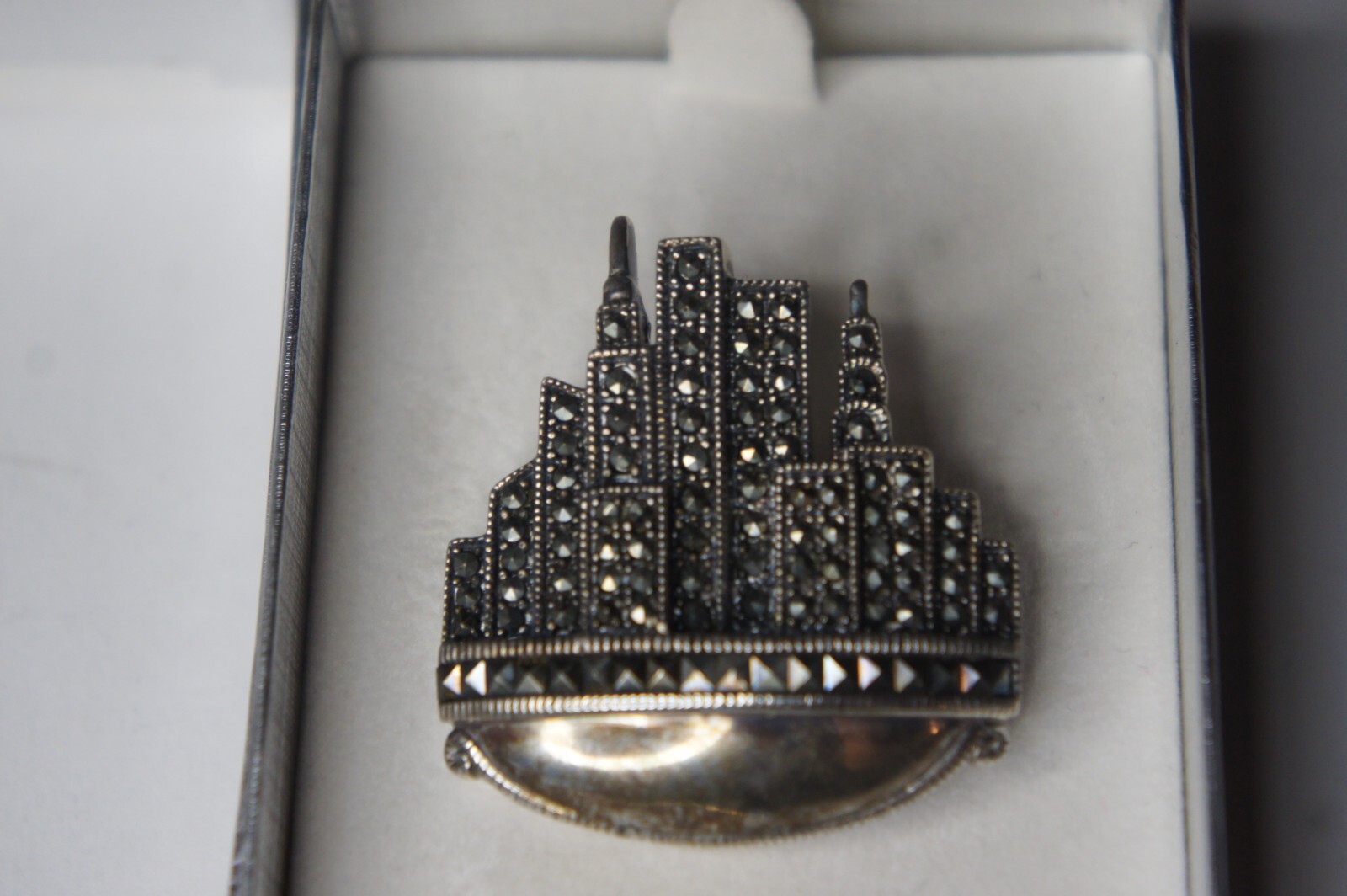 Vintage DBJ 925 Sterling Silver Marcasite New York Skyline Art Deco Brooch