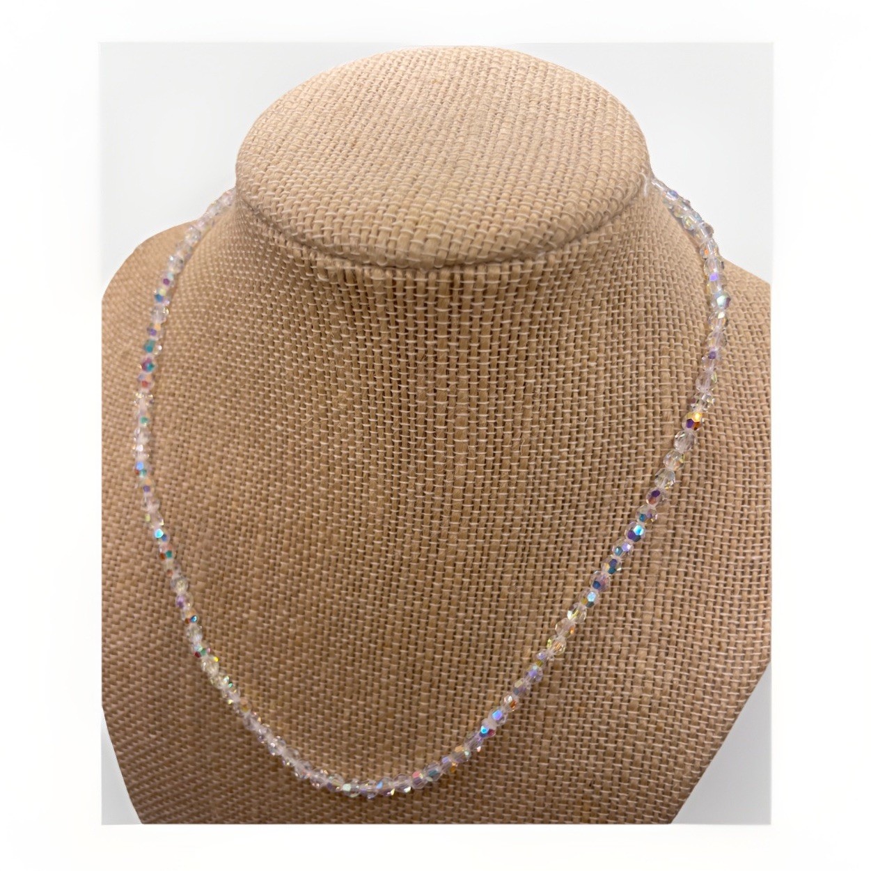 Vintage Aurora Borealis AB Faceted Crystal Glass Bead Necklace 16″ Iridescent