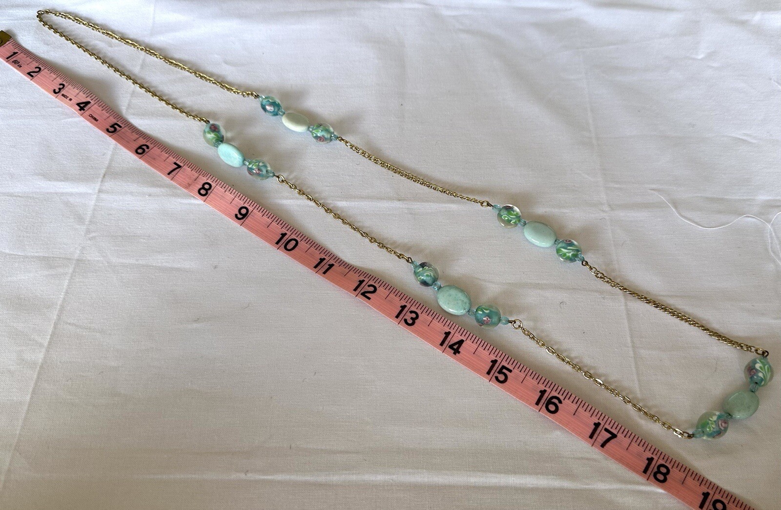 Vintage Gold Tone Aqua & Light Blue Glass Beaded Long Unique Chain Necklace 36″