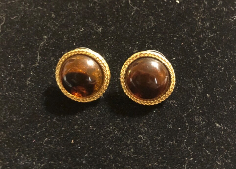 Liz Claiborne Gold Tone Earrings with Brown Cabochon Center