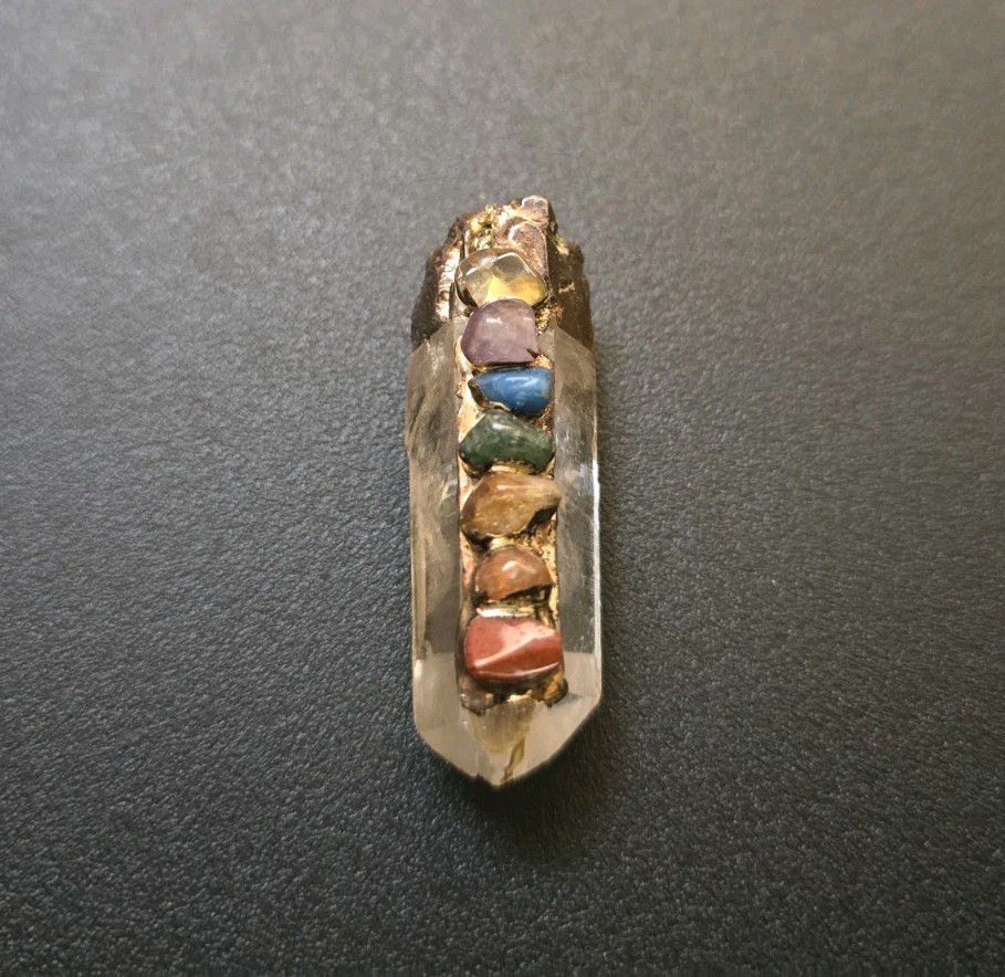 Brutalist Brass Quartz & Stone Pendant Necklace