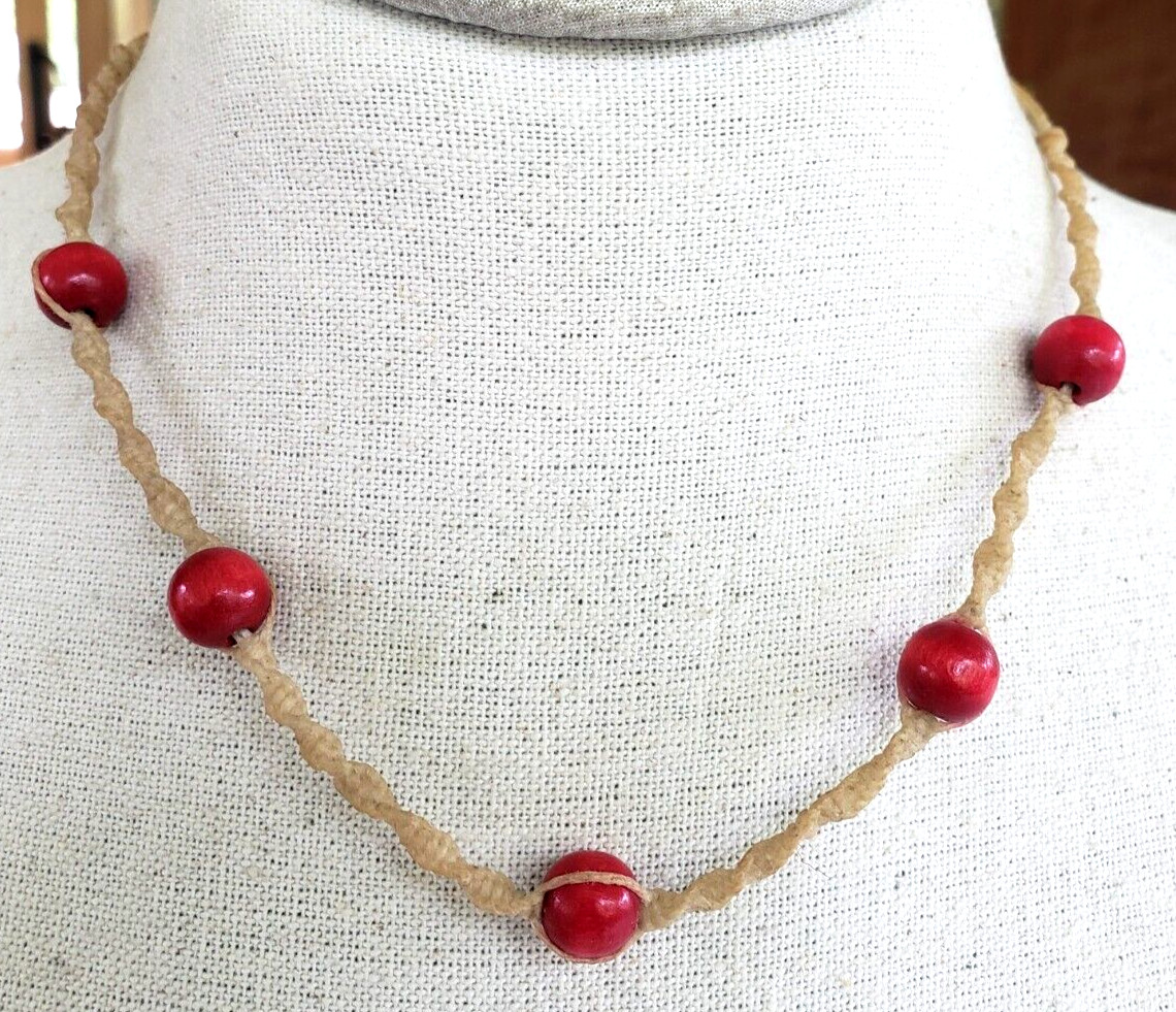 Vintage Hemp Macrame Red Wood Bead Choker Necklace 21.5″ Waxed Cord Knot Clasp